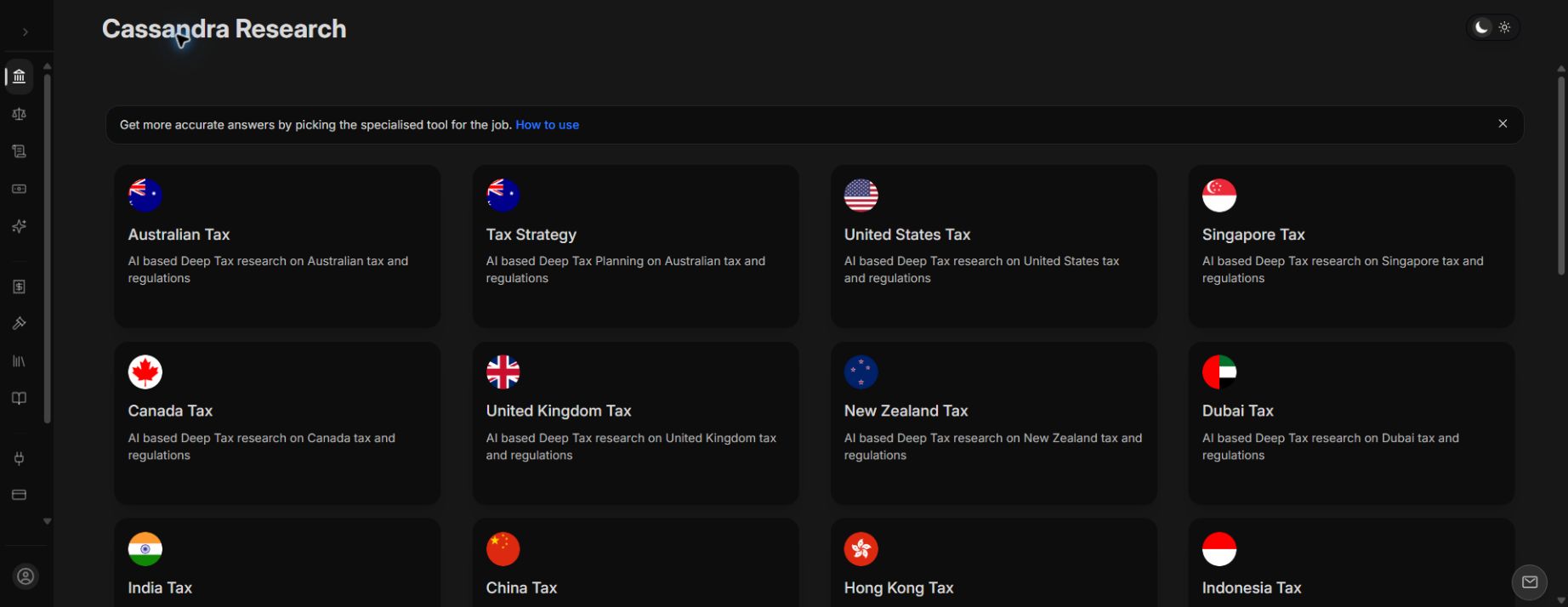 The Cassandra application in dark mode, showing country-specific tax research engines and the collapsed navigation sidebar.