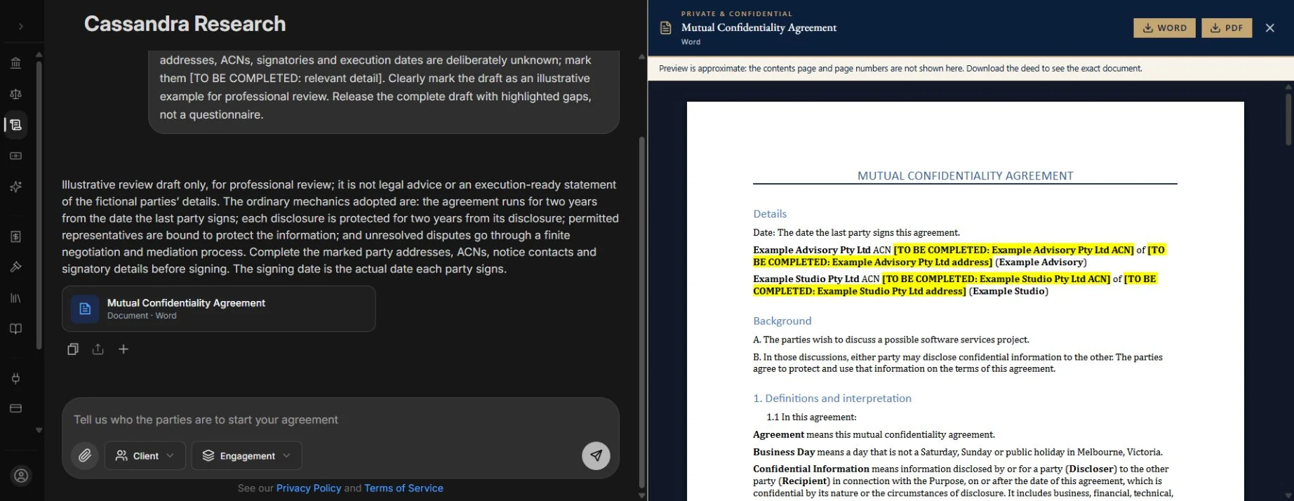 Cassandra document preview displaying a generated working document for review.