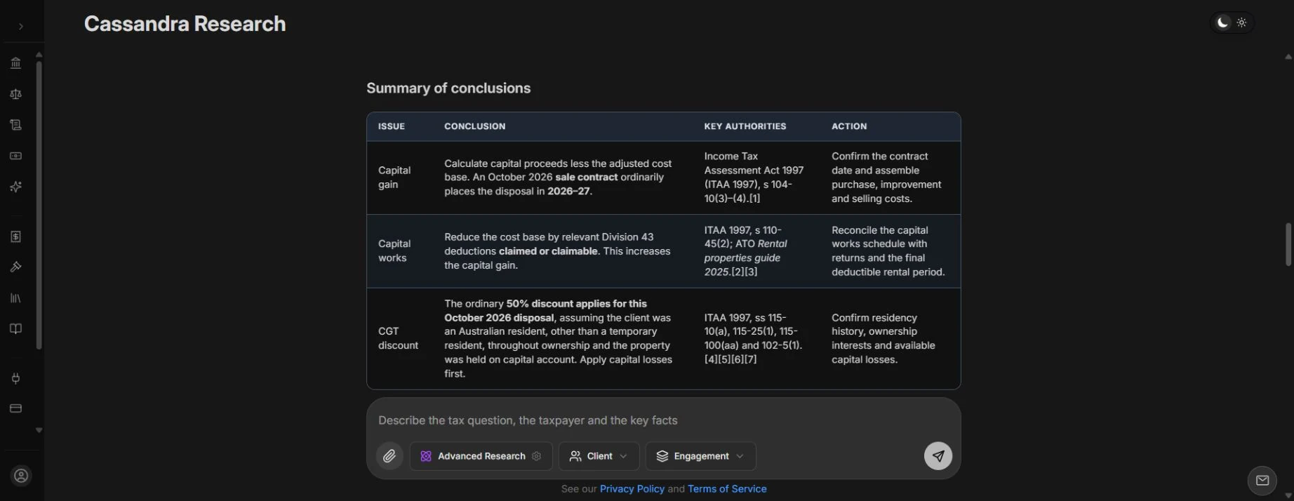 Illustrative research draft in the Cassandra workspace, with analysis and linked authorities for professional review.