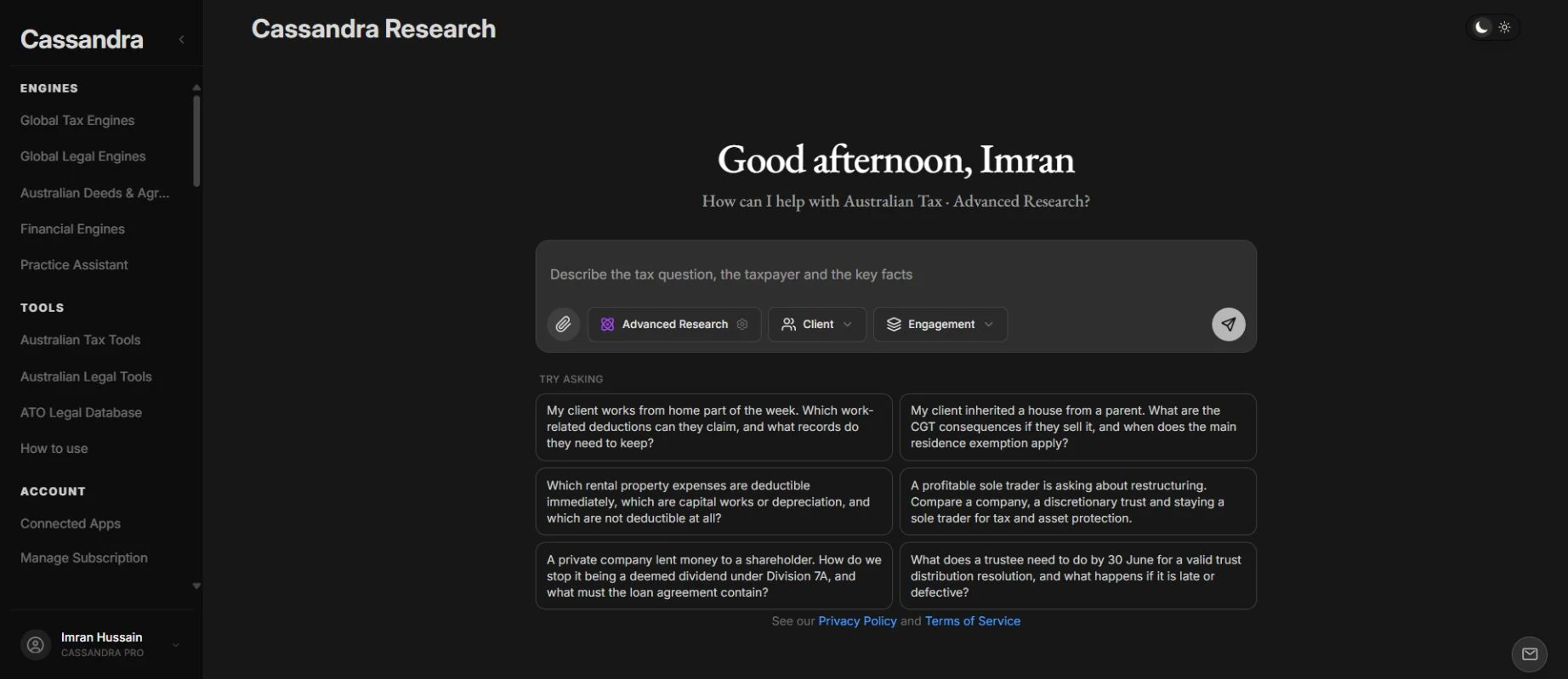 Cassandra Research workspace with a tax research question and research controls.